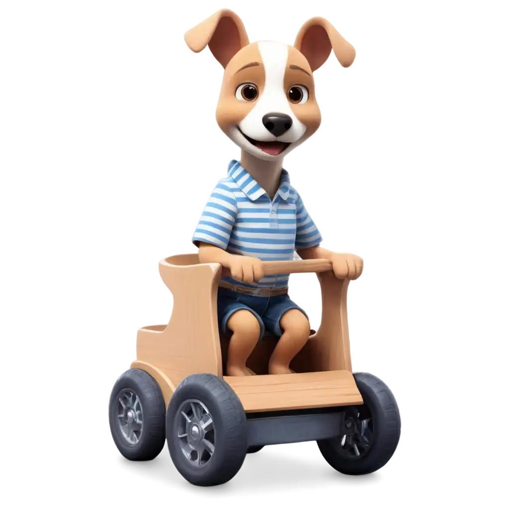 PNG-Art-Sticker-Humanized-Beagle-Dog-in-Wooden-Kart-with-Bone-Cmiseta-Striped-Shirt-Skort-Jeans