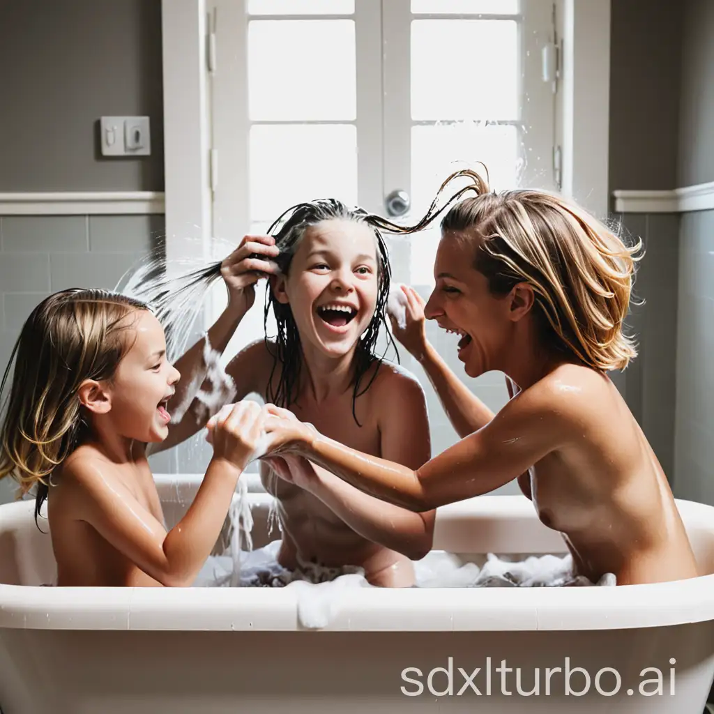 Mother-and-Daughters-Playfully-Washing-Hair-in-Bathtub