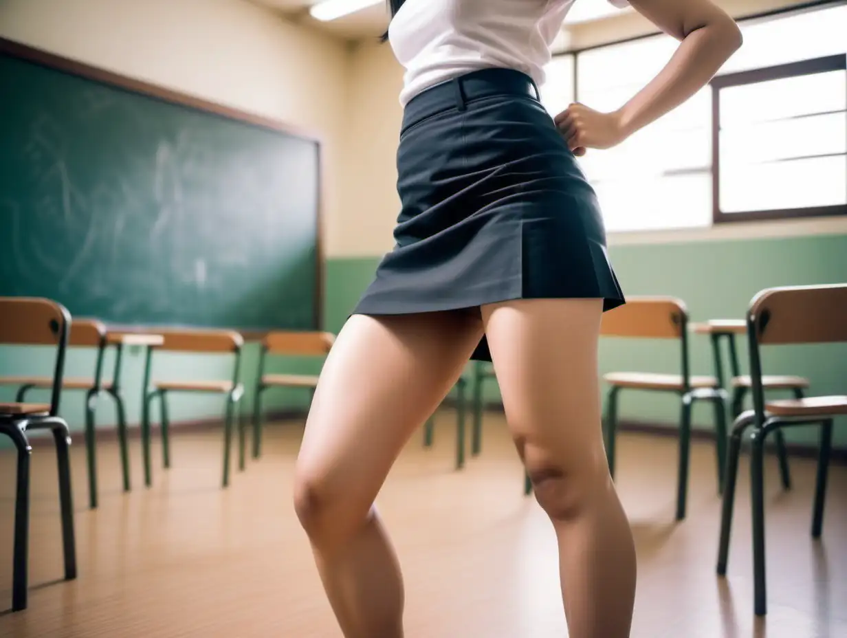 Japanese-Senior-Girl-with-Muscular-Thighs-Posing-in-Empty-Classroom