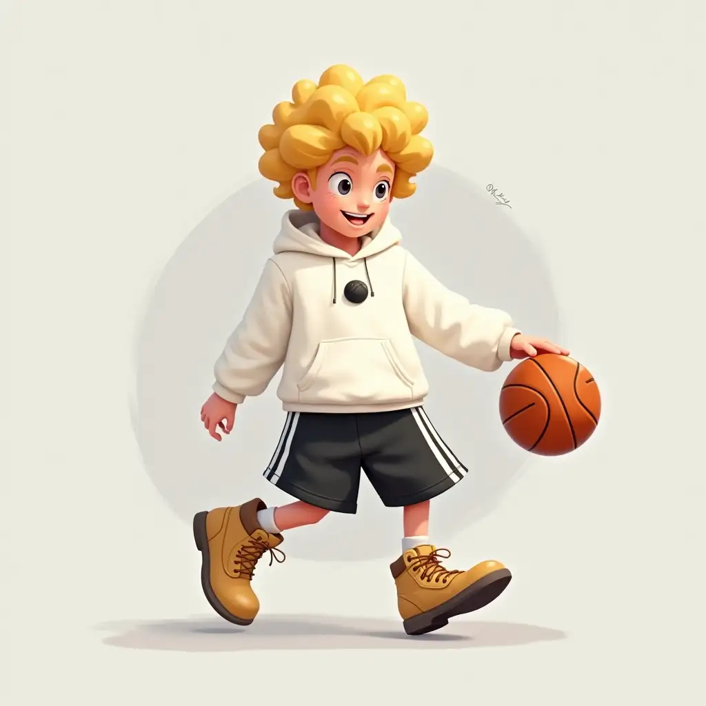 create a Image is a digital illustration in a cartoon style, featuring a young male character with white skin, curly yellow hair. He is depicted in an action pose, dribbling a basketball with his right hand. The character is wearing a white hoodie with a small black ball on the chest, black basketball shorts with white stripes, and tan work boots. The background is a light gray behind the character. The overall composition is dynamic, emphasizing movement and energy.