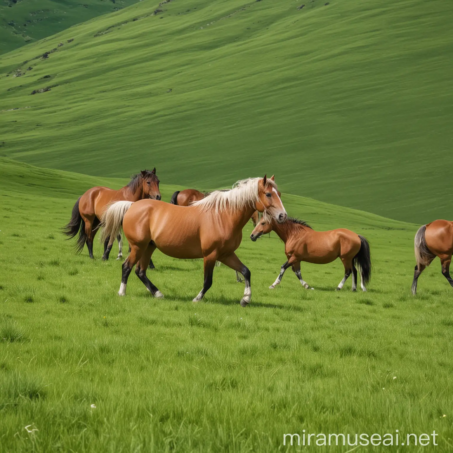 Horses Grazing on Lush Green Pastures