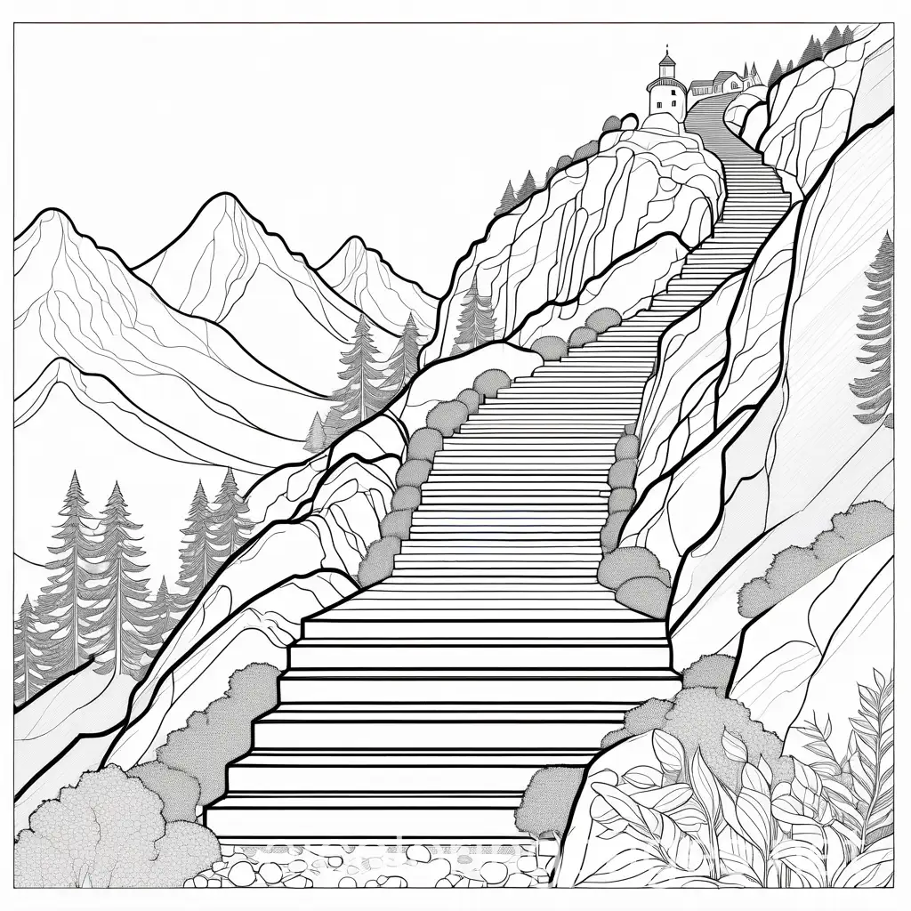 Children-Climbing-a-Mountain-Using-Stairs-Fun-Coloring-Page