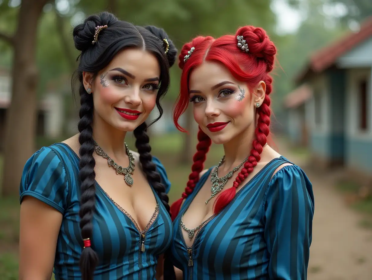 Two white, plump pin-up girls 70 years old red braids wear a blue and black striped low-cut blouse, with a light smile on their faces, tattoos, jewelry on their heads, lipstick accentuating their smiles, modern jewelry, black skin, in a park with many houses in India Cyberpunk 8k quality