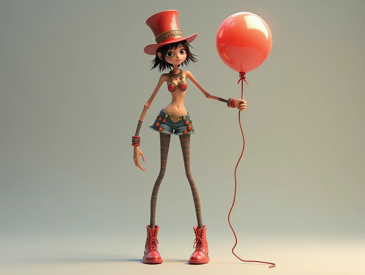 A very long 3-D female figure with very thin legs and very long thin arms with top hat and boots and wearing jewelry.and has a balloon in the hand 4K resolution Colorful