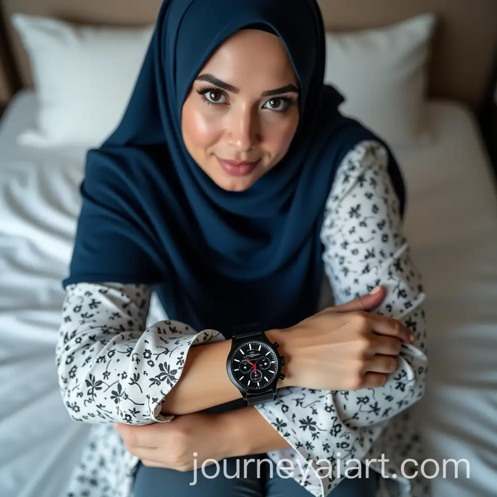 Curvy-Muslim-Woman-with-Large-Black-Chronograph-in-Bed-Pointing-at-Wrist