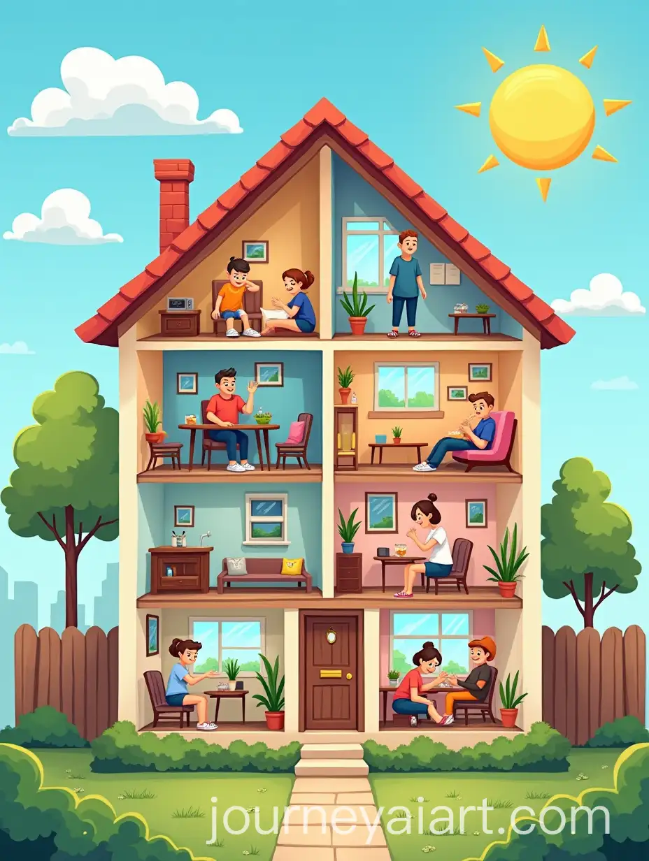 ThreeStory-House-Interior-with-People-Engaged-in-Various-Activities-on-a-Bright-Summer-Day