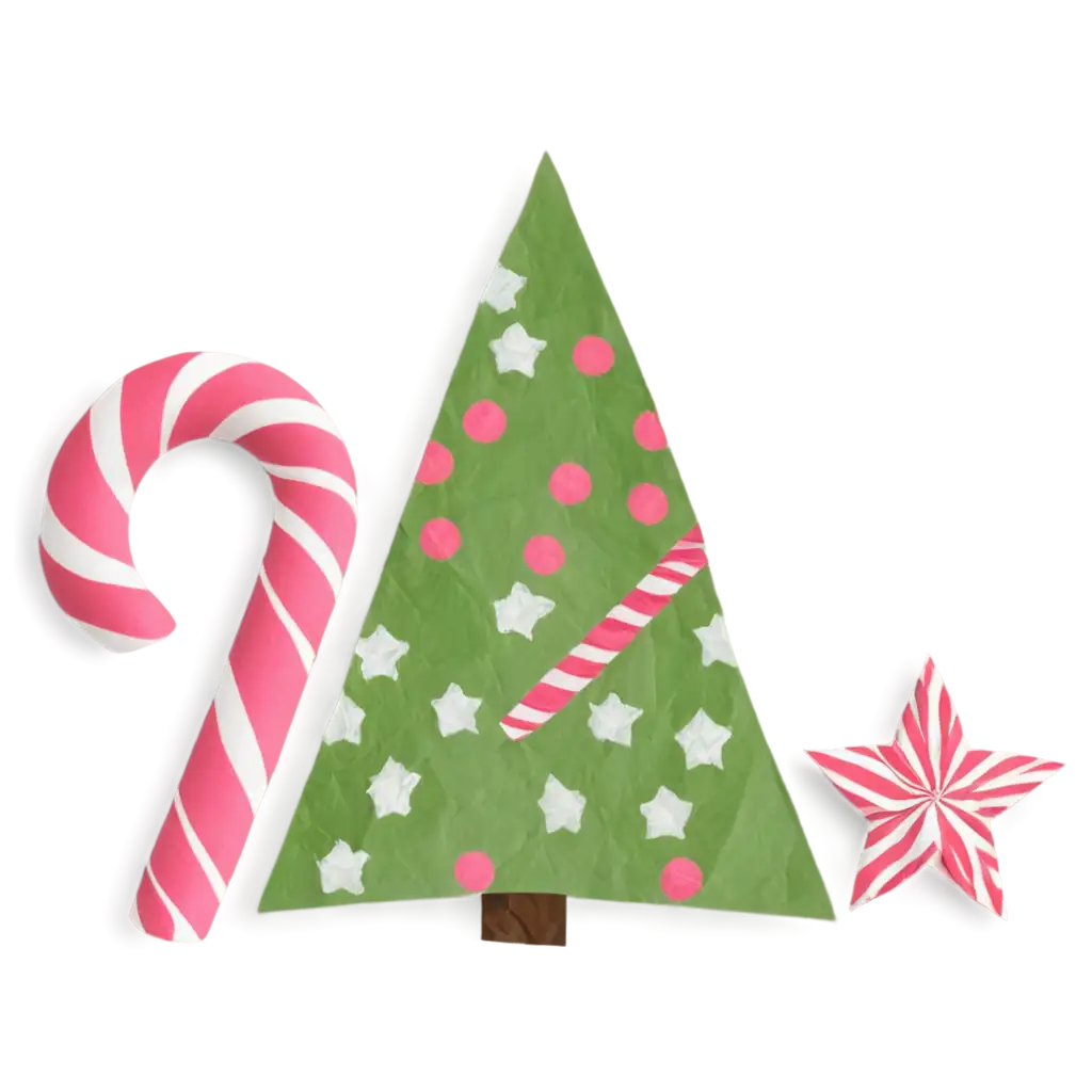 New-Year-PNG-Poster-with-Tree-Candy-Cane-Stars-and-Crumpled-Paper-Craft-Design-in-Pink-Green-and-White-Colors