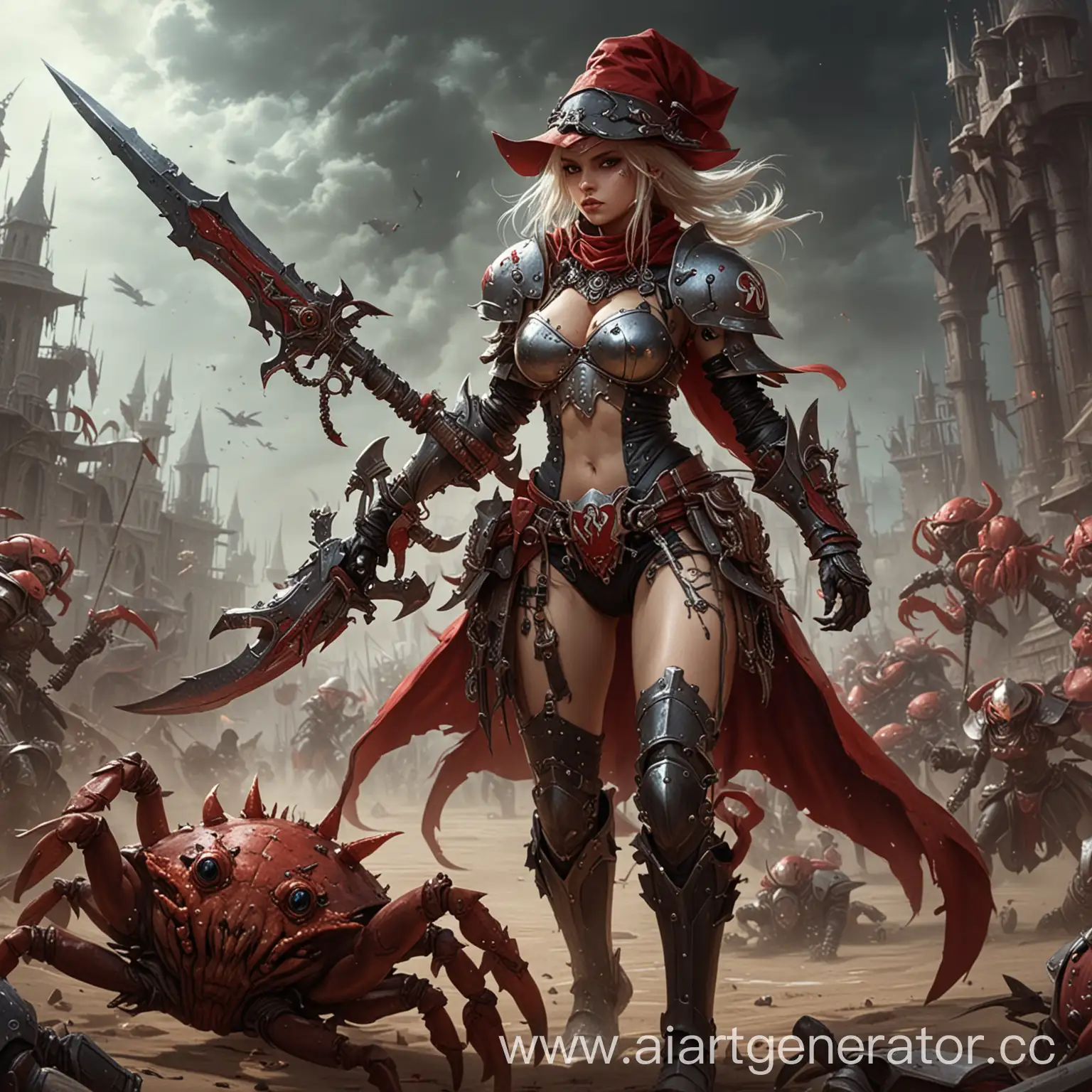 A mage girl in the armor of an adept sororitas a crab rider action in battle