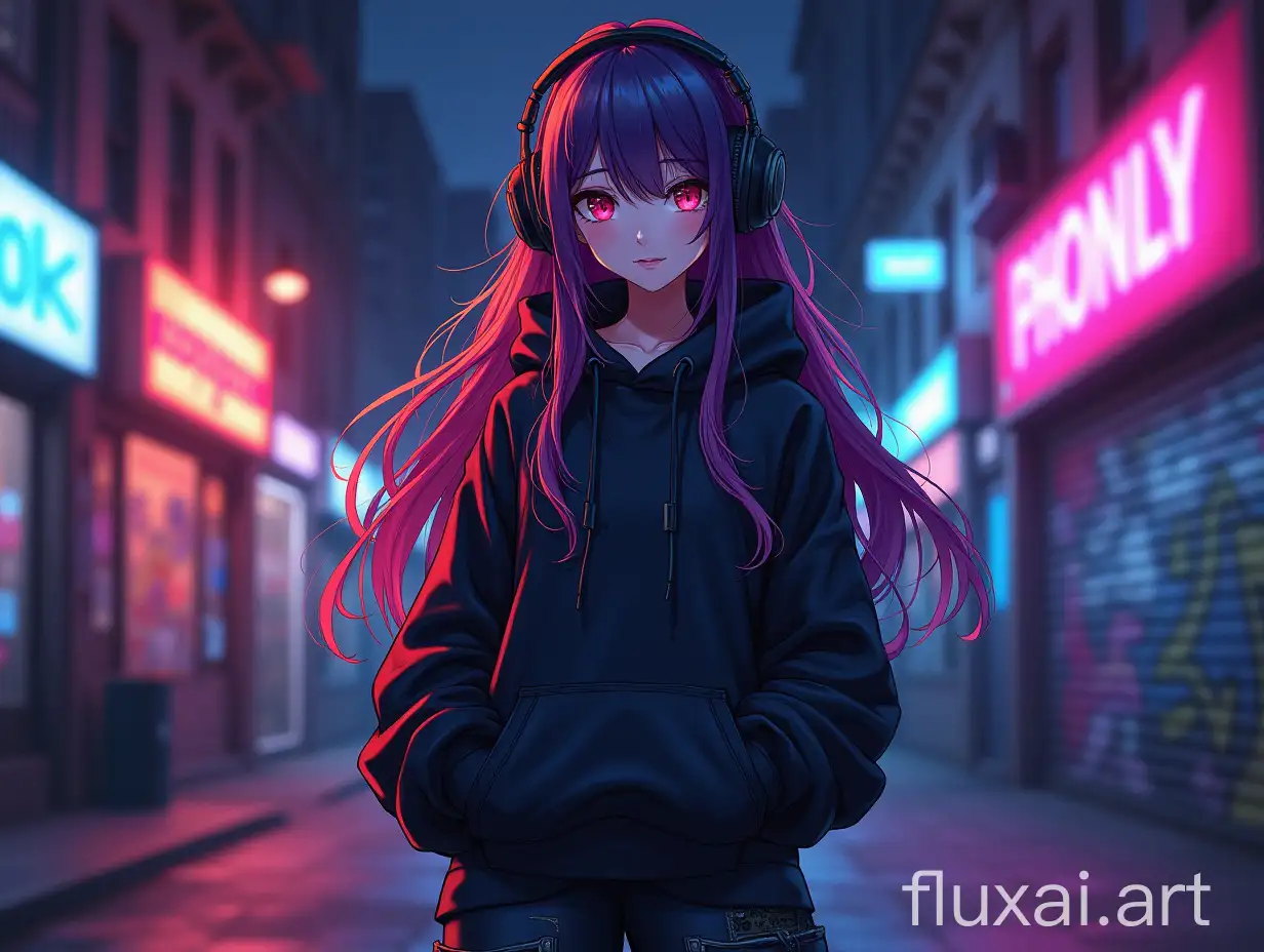 Create an anime-style female character inspired by phonk music aesthetics. She should have long, flowing hair with vibrant colors, wearing stylish streetwear that includes an oversized hoodie and baggy pants. Her expression should be confident and mysterious, with striking eyes that reflect the night. The background should feature a dark urban setting with neon lights, graffiti, and a moody atmosphere, capturing the essence of phonk culture. Add elements like headphones or a boombox to emphasize her connection to music