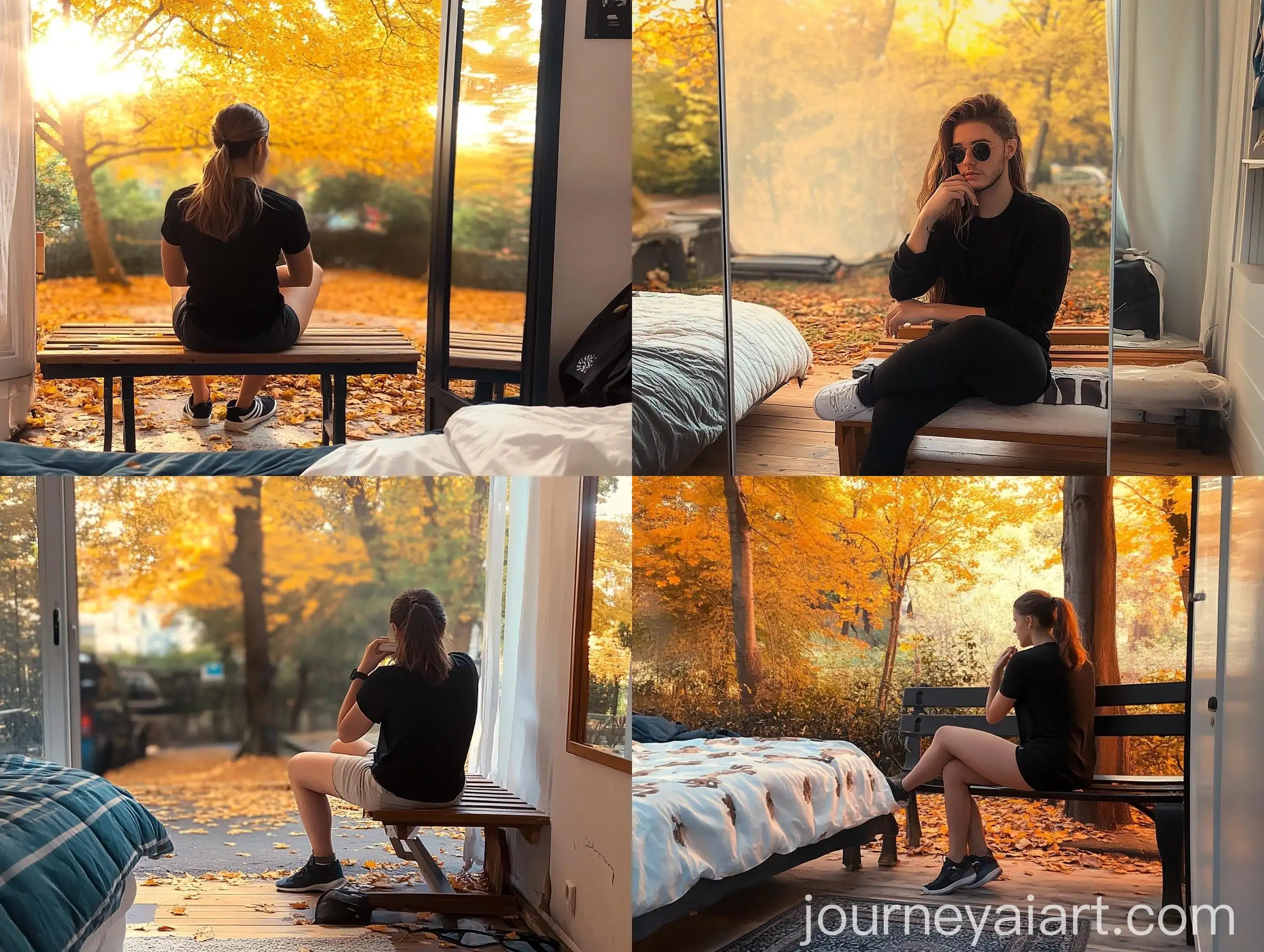 Brunette-Woman-Sitting-on-Bench-in-Sunny-Autumn-Scenery