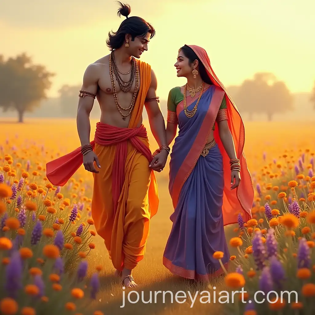 Lord-Krishna-Walking-with-Radha-Rani-in-FlowerFilled-Fields