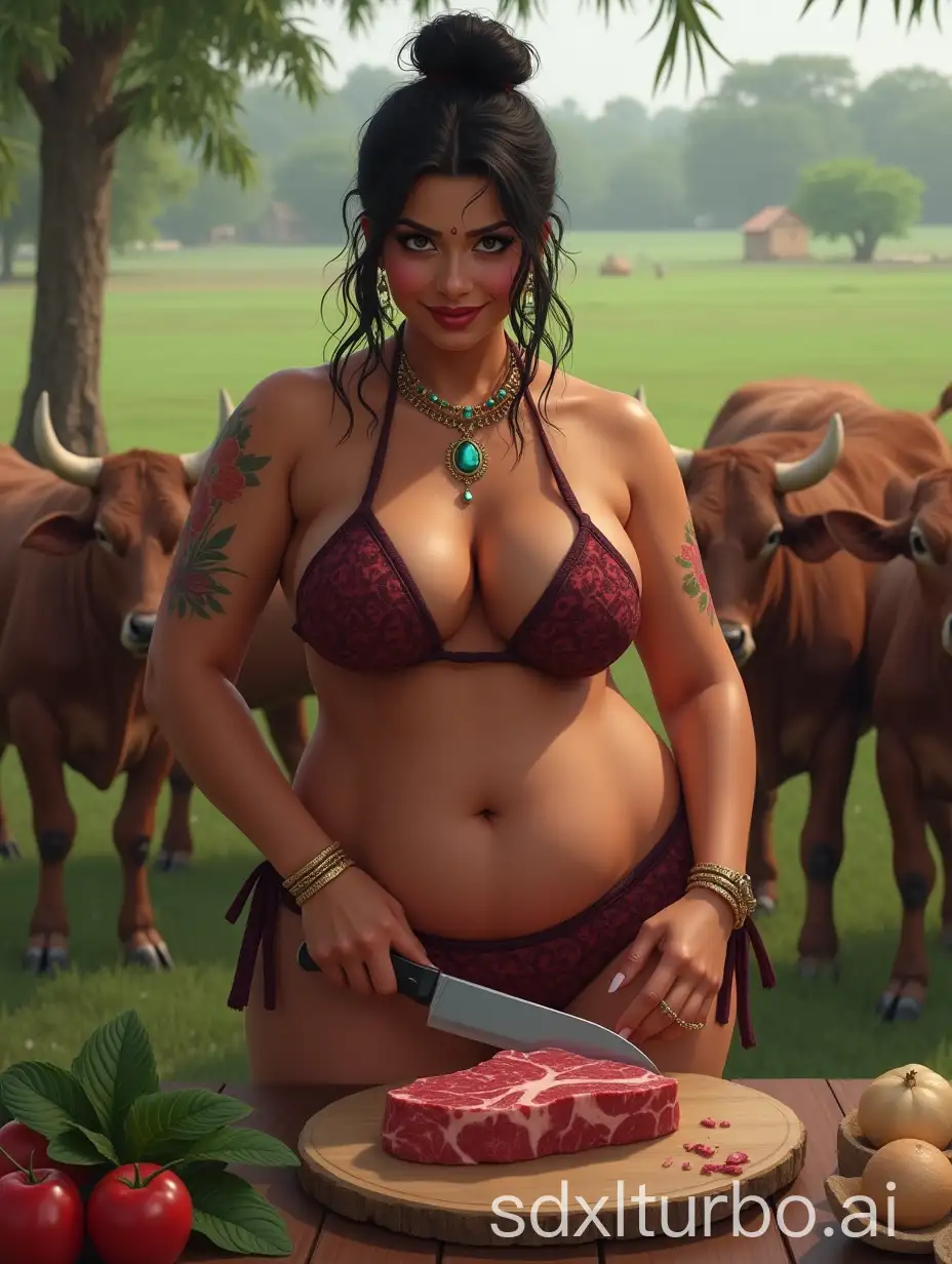 Indian-Woman-in-String-Bikini-Chopping-Steak-with-Cows-Grazing-in-Background