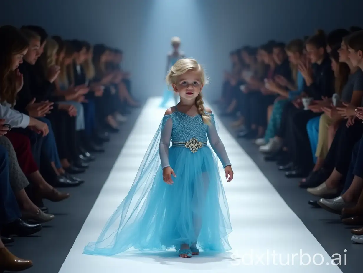 In Paris Collection, a baby modeled after princess Elsa walks the runway, a baby👶 top model, walking, (full-body image), (audience on both sides), the runway of Paris Collection, the runway of Paris Collection, (eccentric fashion), outrageous fashion, flashy fashion, Paris Collection