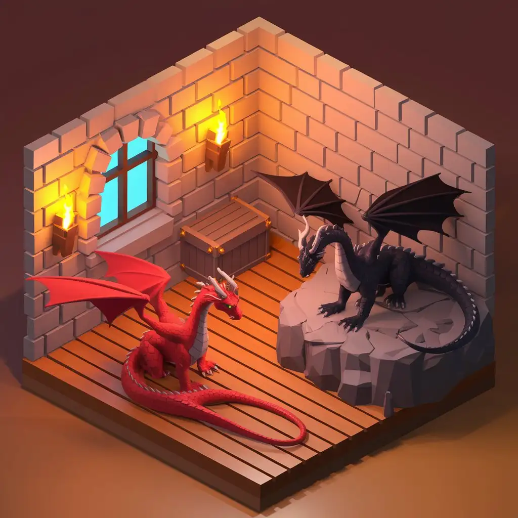 Vibrant Isometric 3D Room with red and dark dragon Decor