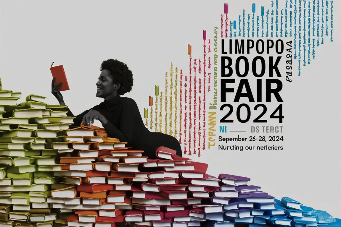 Excited Reader Leaning on Books at Limpopo Book Fair 2024