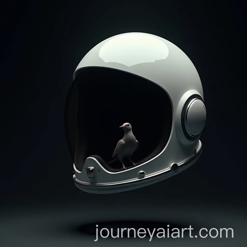 Hyperrealistic-Astronaut-Helmet-Floating-with-Bird-on-Dark-Background