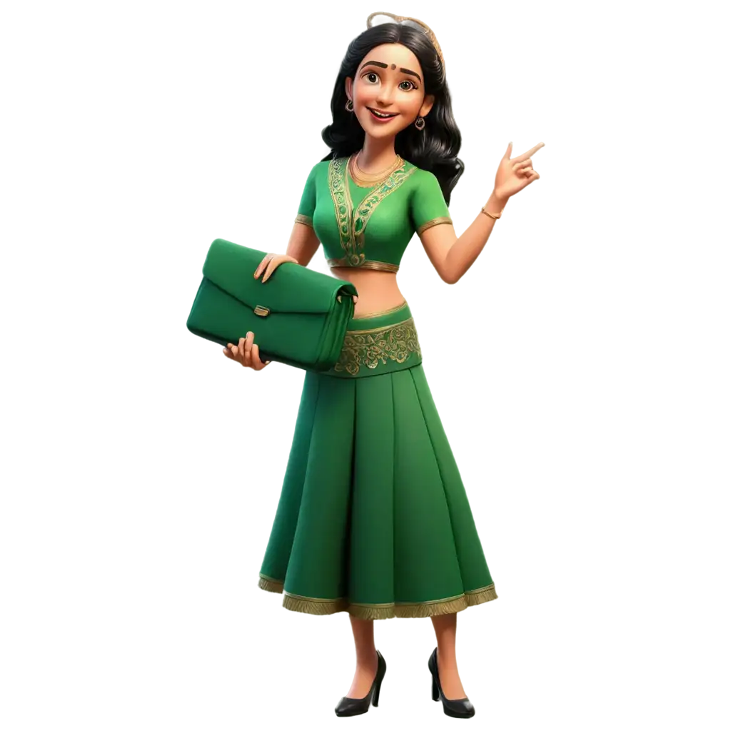 3D-Mature-Cartoon-India-Young-Women-PNG-Image-in-Traditional-Green-Wear-with-Hand-Bag