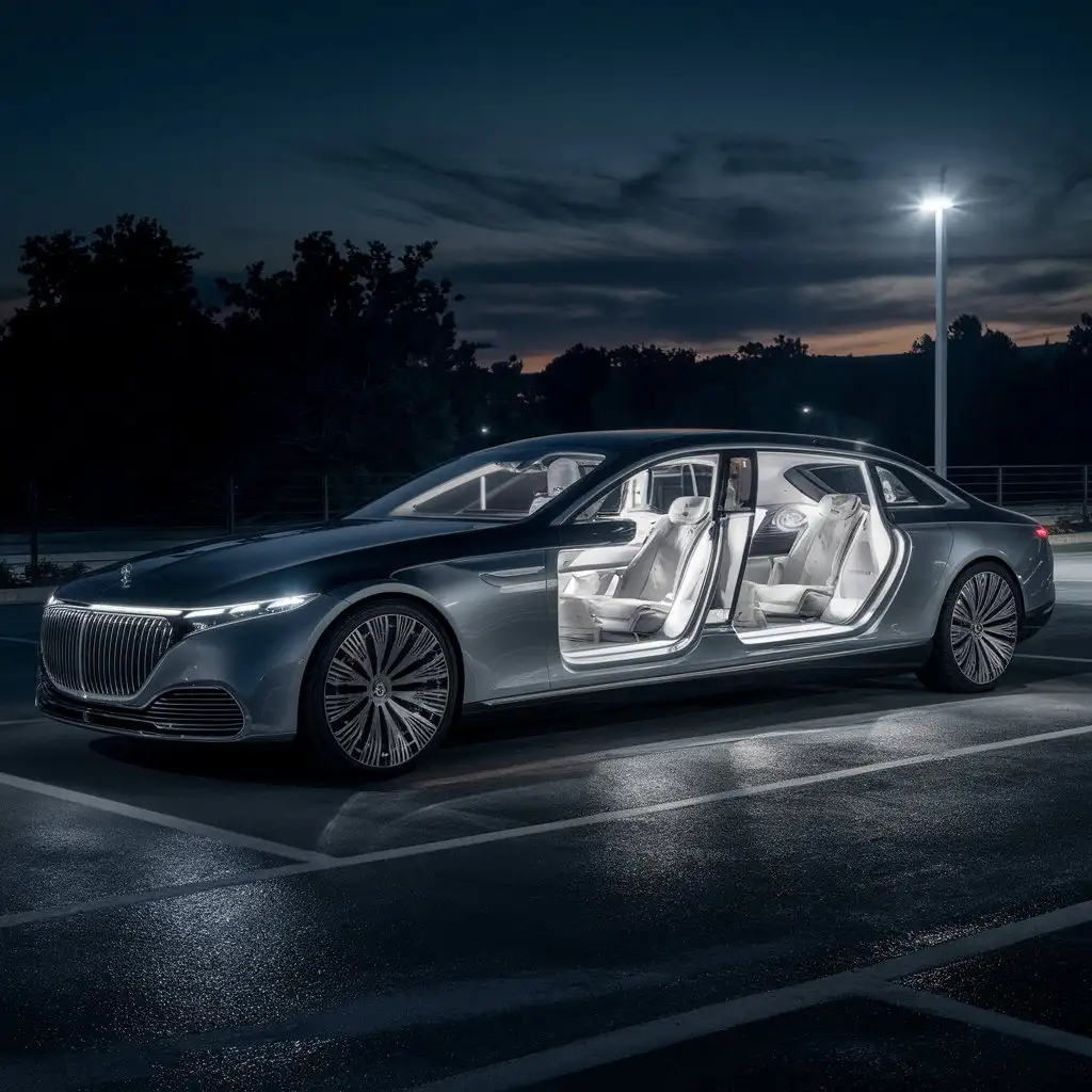 Luxurious-Silver-Mercedes-Maybach-Sedan-in-Dimly-Lit-Parking-Lot-at-Night