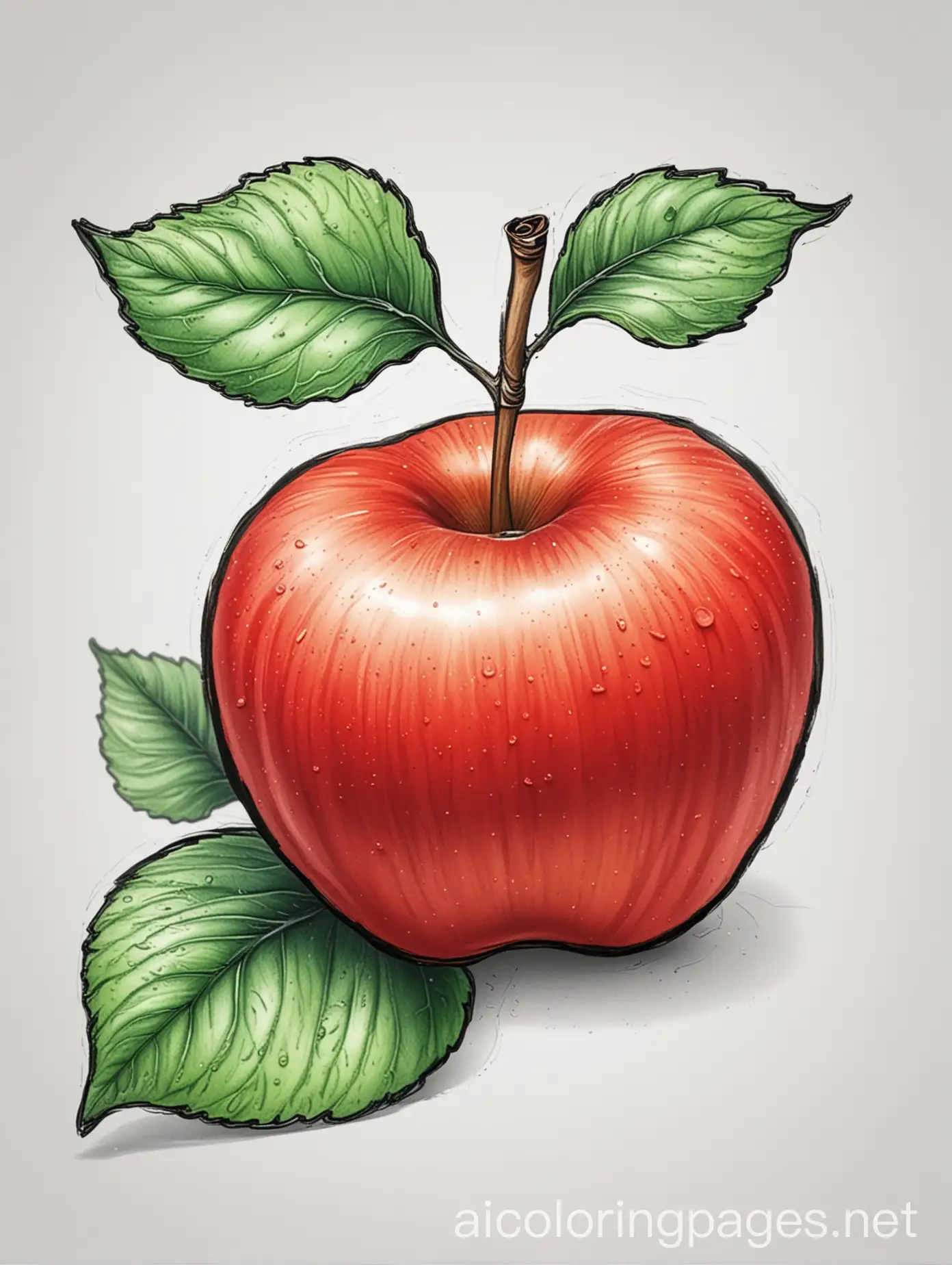A bright red apple with a green leaf on a white background., Coloring Page, black and white, line art, white background, Simplicity, Ample White Space. The background of the coloring page is plain white to make it easy for young children to color within the lines. The outlines of all the subjects are easy to distinguish, making it simple for kids to color without too much difficulty