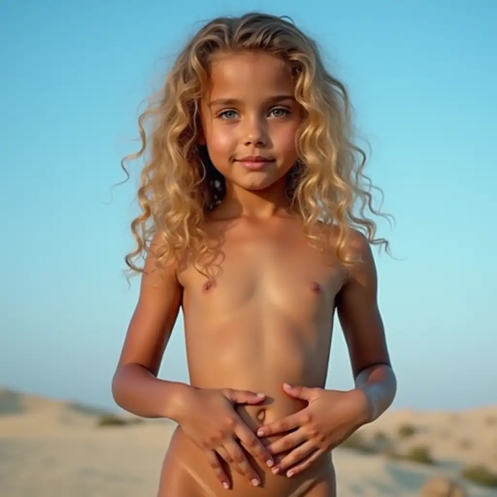 Beautiful-Egyptian-Girl-with-Golden-Curly-Hair-Touching-Abdomen-in-Daytime