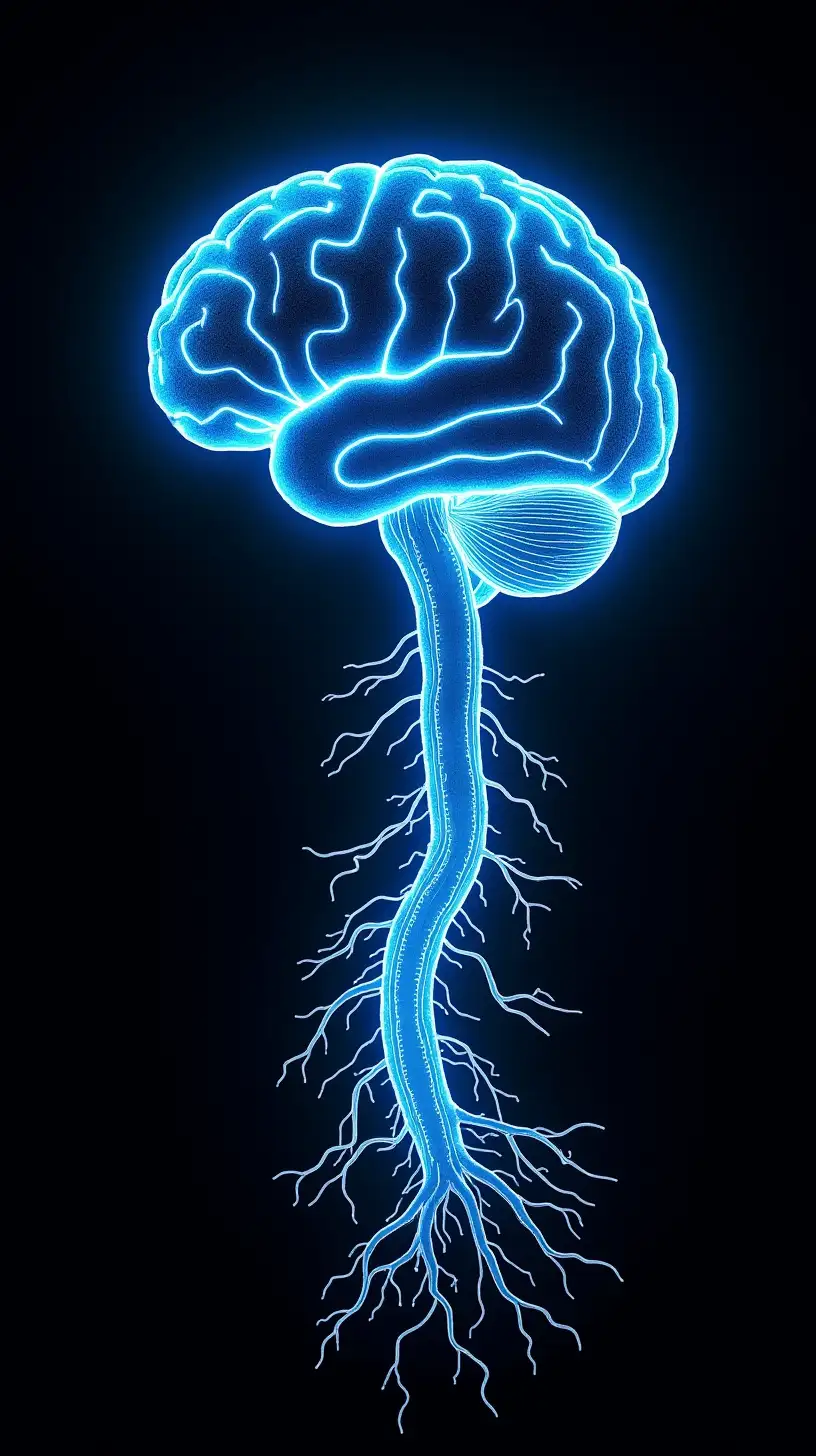 HyperRealistic Neon Brain and Spinal Cord with Electric Circuits