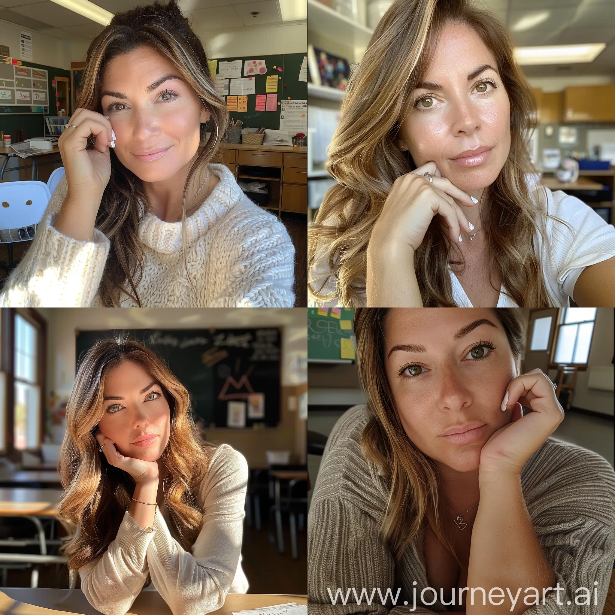 Aesthetic-Instagram-Selfie-of-Female-Elementary-School-Teacher-in-Warm-Classroom-Setting