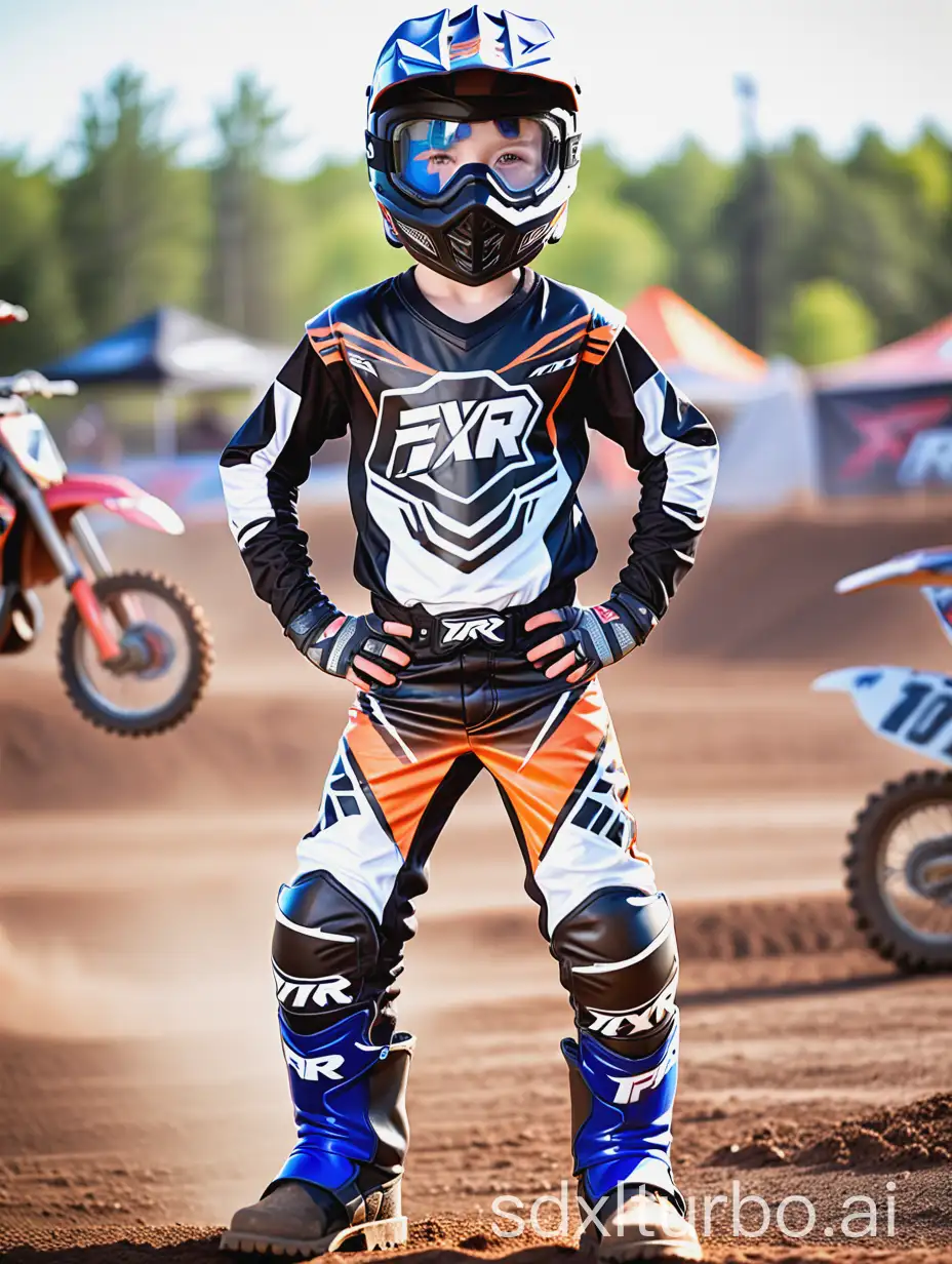 cute athletic ten-year old boy wearing FXR Racing motocross pants and FXR Racing motocross boots, motocross helmet with face guard, reflective goggles over eyes, proudly show off defined chest and V-line abs at dirt track