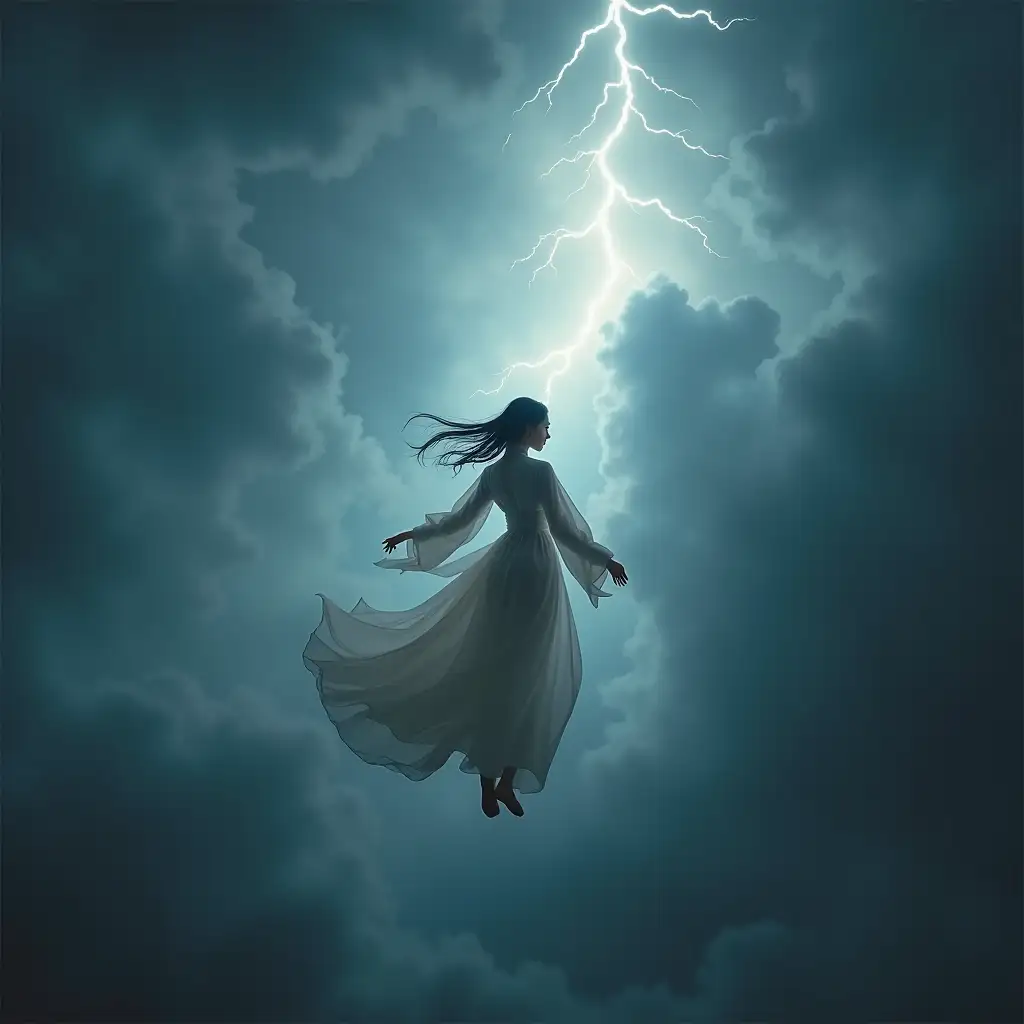 Dark clouds gathered in the sky. A beam of light illuminates the back of a young woman in Chinese costume floating in the air. A bolt of lightning suddenly struck down from the billowing dark clouds, hitting the ascending woman.