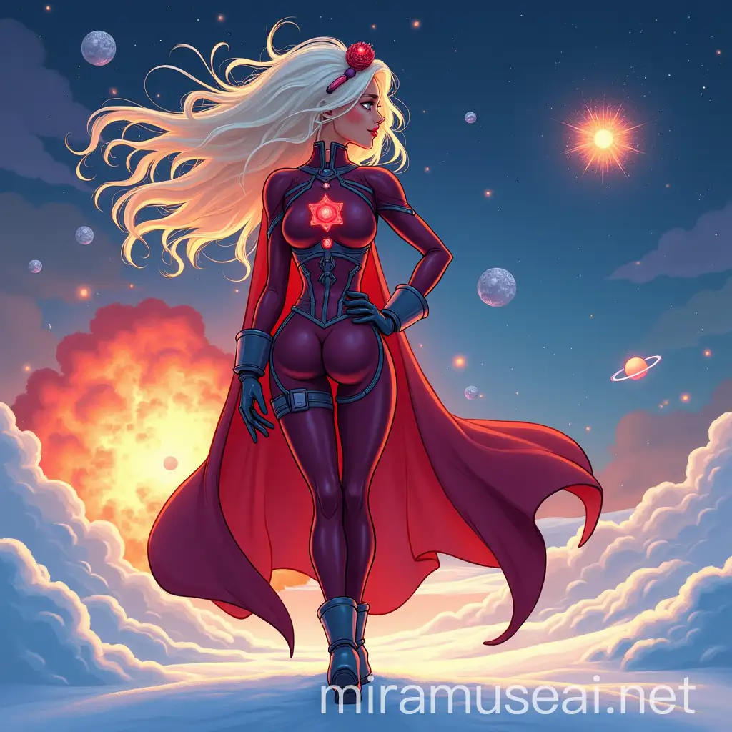 cartoon style, full-length fitness body skinny Santa's girlfriend from behind, long wild hairstyle, tight futuristic spacesuit with glowing parts, fluttering in the wind long cape, colorful night sky with planetary collision with bright explosion, bright snowflakes