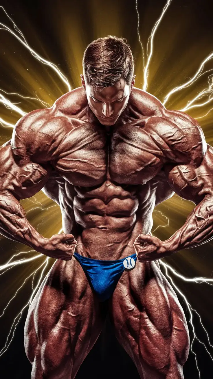 Powerfully muscled, hugely ripped, pumped, bodybuilder musclegod reverently receives the powers of the ultimate man, becomes a mighty superhero. Golden luminous electricity. 24 years old. Photorealistic.