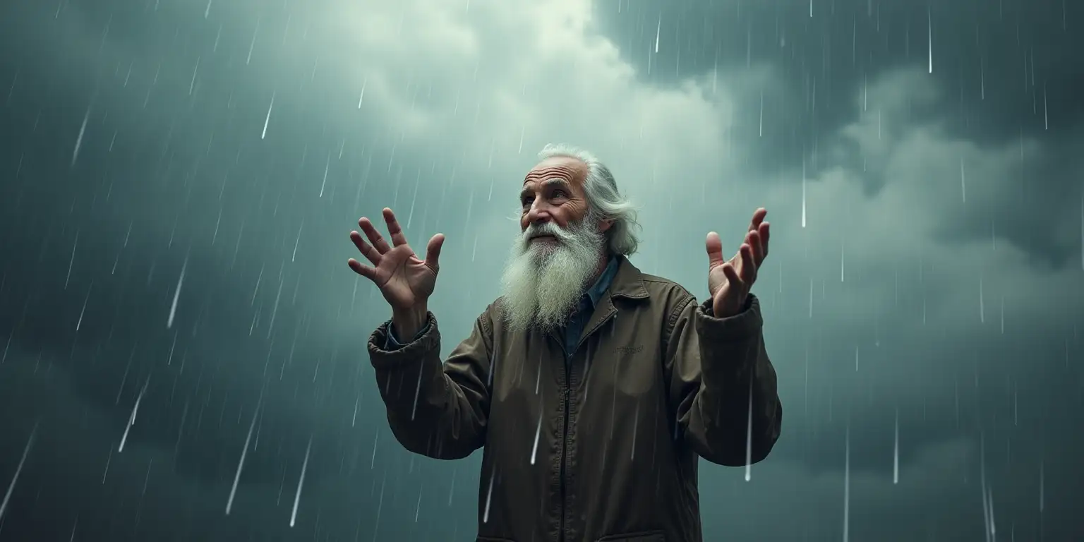 Elderly Man Manipulating Rainclouds with Hands