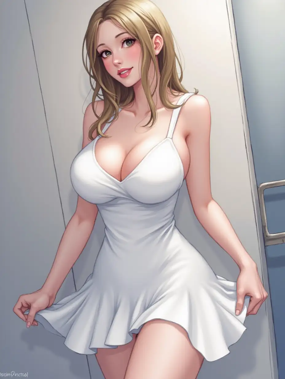 (masterpiece:1.2, best quality, absurdres, realistic), 1girl, white dress, large breasts,blushed, abstract background, curvy