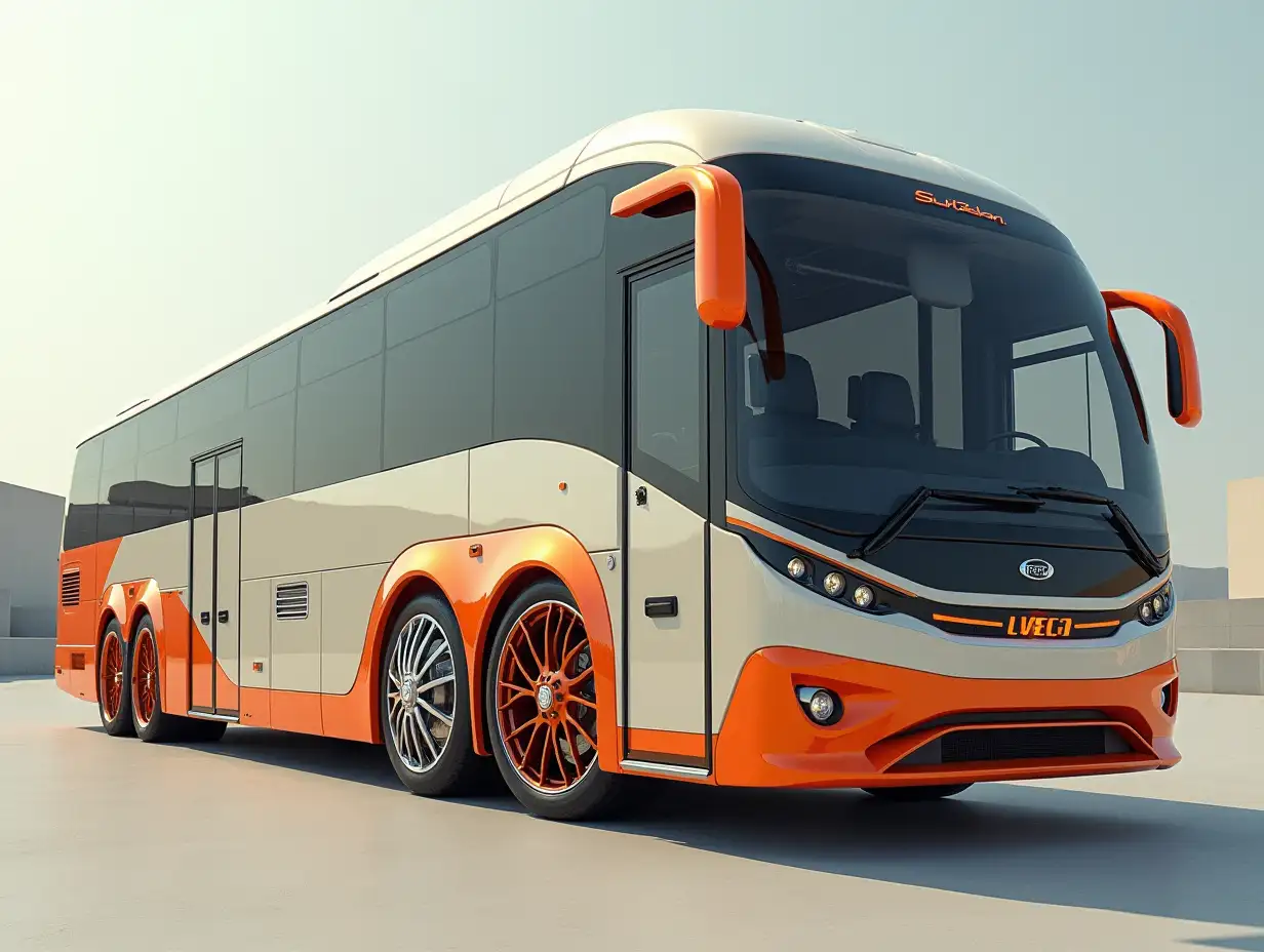 Supermodern bus with spoilers, lowered, aluminum wheels, cream, orange silver colors, Cyberpunk