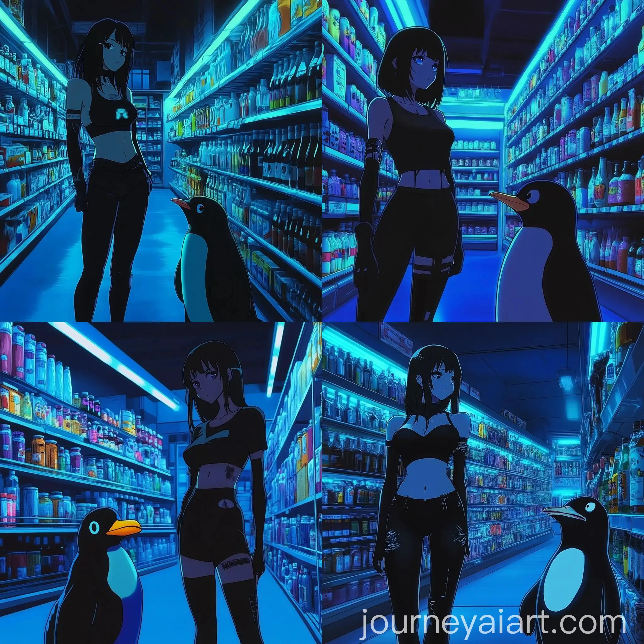 Futuristic-AnimeStyle-Woman-and-Penguin-in-Neonlit-Grocery-Store