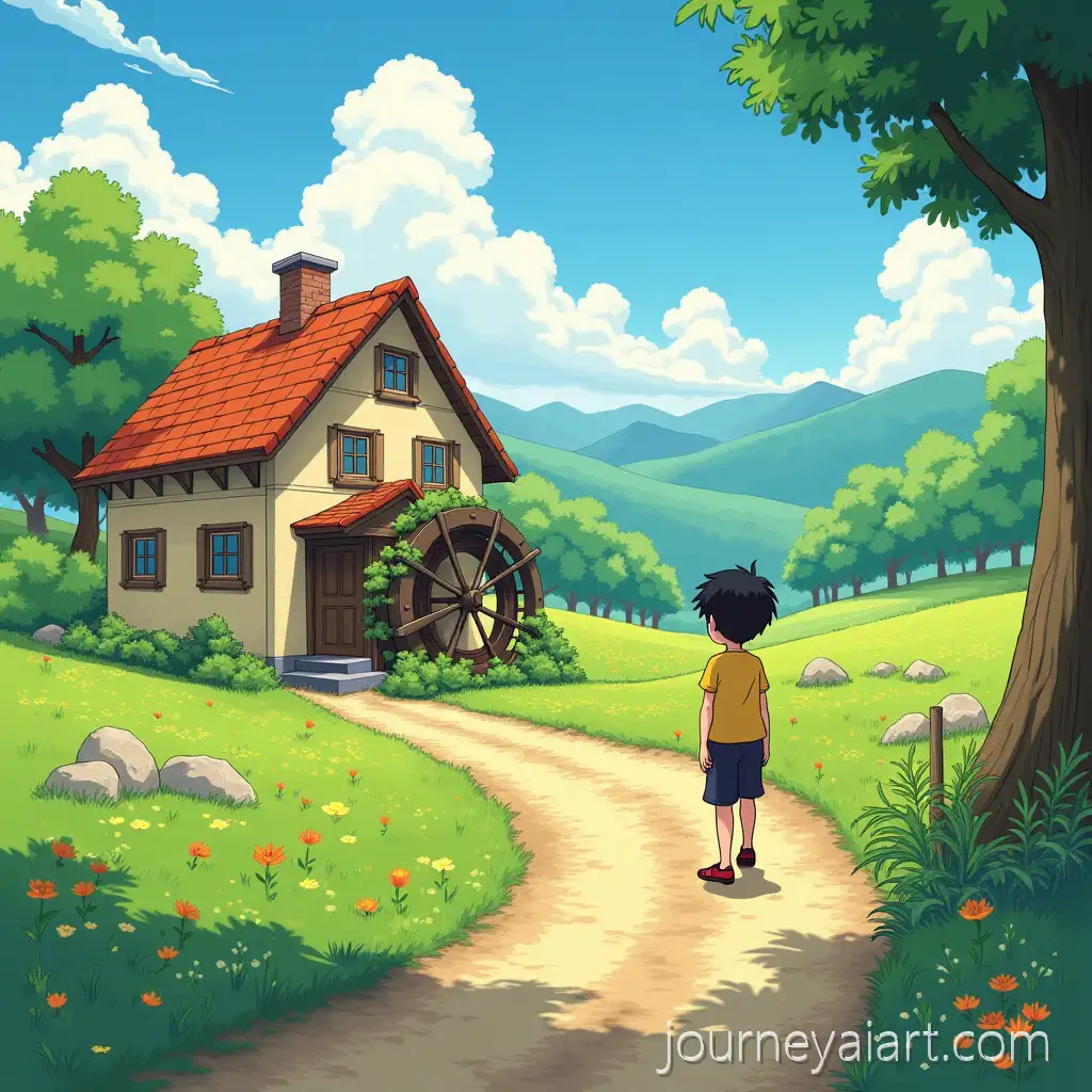 Ghibli-Style-Country-Road-with-Little-Girl-and-Waterwheel-House