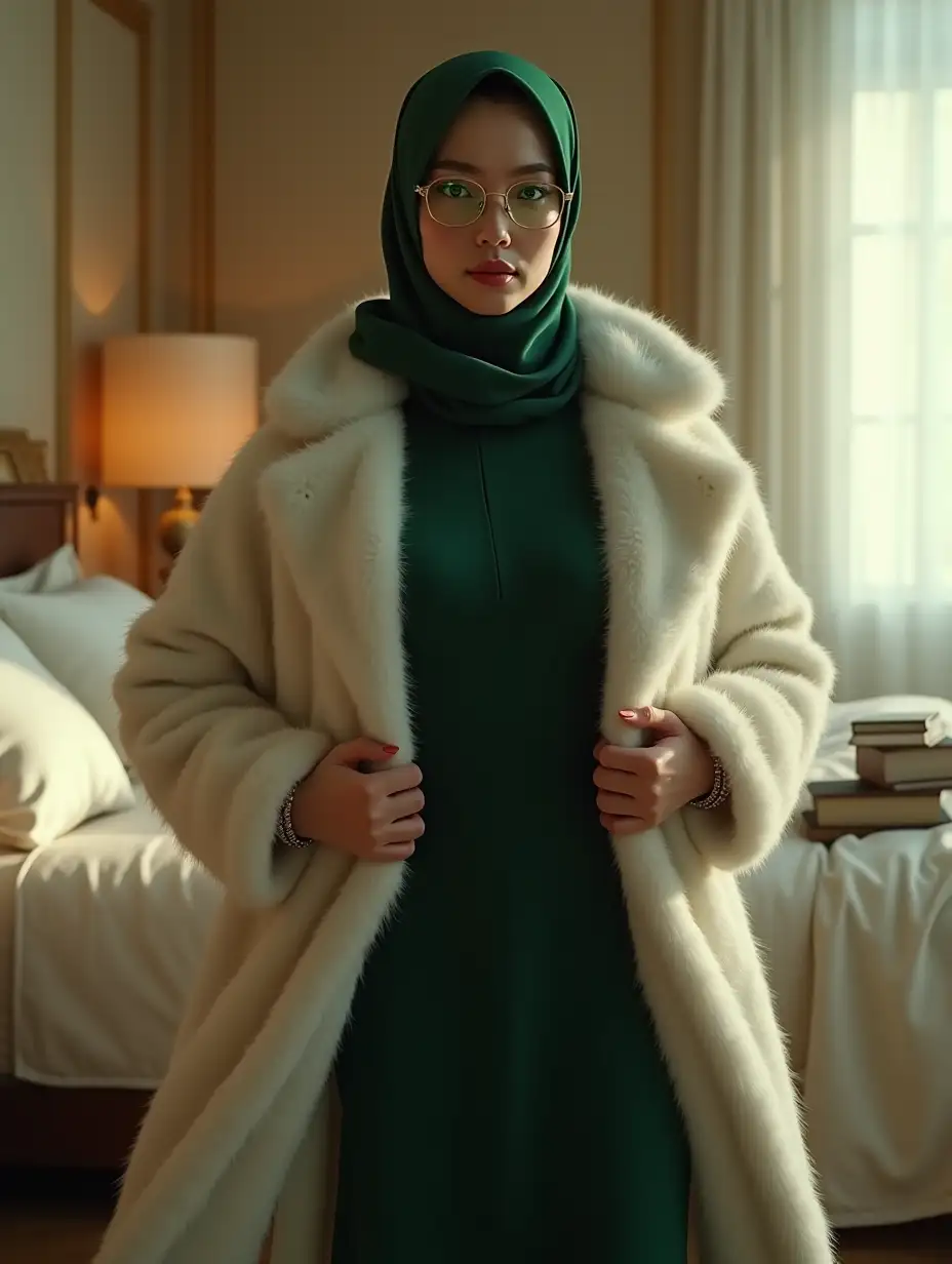 A highly realistic, photorealistic portrait of a confident and elegant Asian woman with telekinetic abilities, standing gracefully in a softly lit bedroom. She wears a stylish dark green hijab that drapes elegantly around her head and shoulders, along with thin, modern glasses that add to her intellectual and sophisticated aura. Her striking green eyes glow faintly, hinting at her immense psychic power. She is dressed in a long, flowing dark green dress that contours her figure, paired with a luxurious white fur coat, which she is opening with both hands to reveal the outfit underneath. Her pose is strong and poised, with a calm yet intense expression, exuding power and confidence. The way she opens her fur coat suggests a moment of revelation, as if she is about to demonstrate her abilities. Small objects, such as books or decorative items, subtly float in the air around her, emphasizing her telekinetic powers. The bedroom setting is warm and elegant, with soft natural light filtering through sheer curtains, casting a gentle glow on her face and outfit. The bed in the background is adorned with plush pillows and a silky duvet, adding to the cozy yet sophisticated atmosphere. The lighting is soft and cinematic, highlighting the textures of her clothing and surroundings. The image is in ultra-high resolution with lifelike details, realistic skin texture, and a refined color palette, capturing both the elegance and supernatural presence of the character in a moment of quiet yet undeniable power.