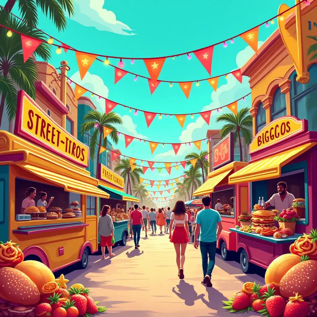 A bright and dynamic poster design for a street food festival. The background showcases a lively, bustling city street filled with vibrant colors such as warm yellows, reds, oranges, and pinks, contrasted by cooler tones like teal and sky blue. The street is full of food trucks and vendor stands with colorful banners and market lights strung across the scene, creating a festive atmosphere. Illustrations of various street foods (like burgers, tacos, skewers, ice cream, and fresh fruit) are prominently displayed, appearing larger and more detailed, as if popping out in the foreground. The food is drawn in a playful, exaggerated style with rich, mouthwatering textures and bright highlights. Surrounding the food illustrations are subtle street details like people casually walking, eating, and enjoying the event. Bold, dynamic lines frame the entire scene to enhance the sense of energy, and bright neon light effects outline some of the objects, giving it a modern urban feel. No text is included, just visual elements that capture the excitement of a food festival.