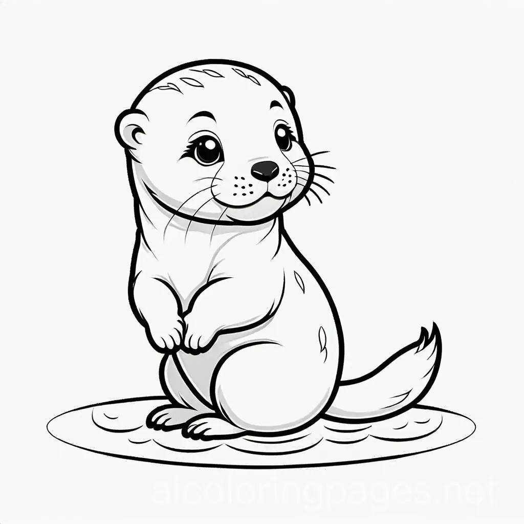 Cute Baby otter without background , Coloring Page, black and white, line art, white background, Simplicity, Ample White Space. The background of the coloring page is plain white to make it easy for young children to color within the lines. The outlines of all the subjects are easy to distinguish, making it simple for kids to color without too much difficulty