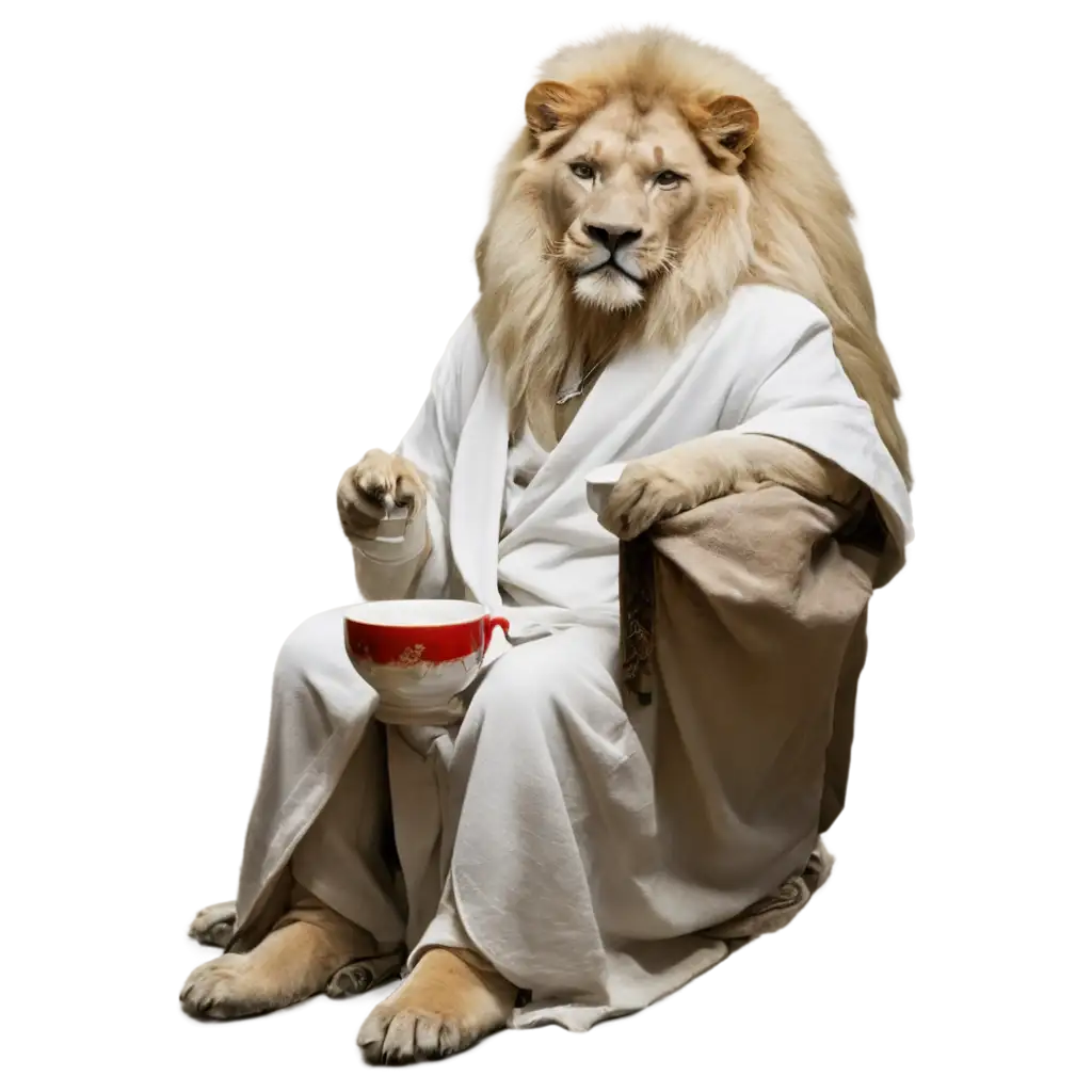 White-Lion-in-White-Robe-Drinking-Coffee-PNG-Image-Unique-and-Creative-Concept