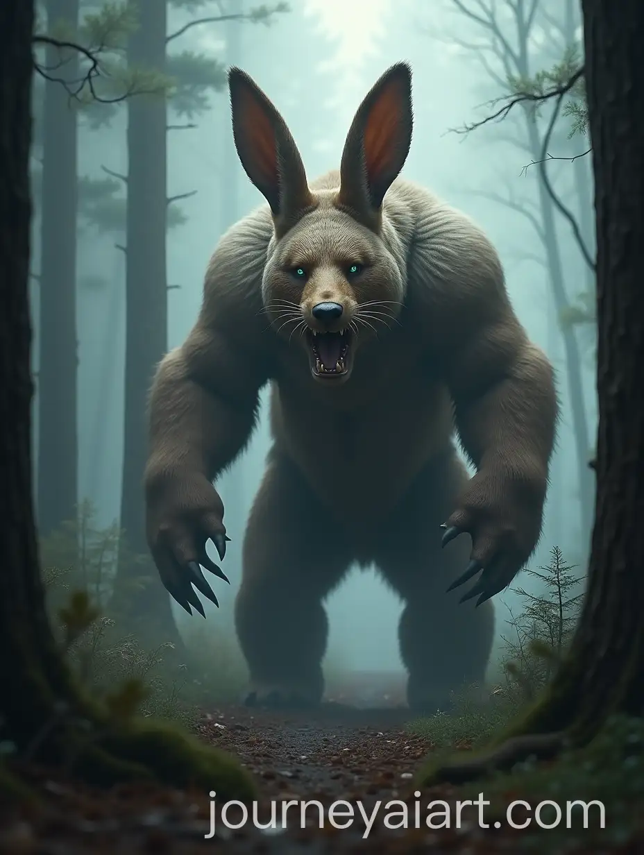 Terrifying-Hybrid-Creature-of-Rabbit-and-Grizzly-Bear-in-a-Foggy-Forest