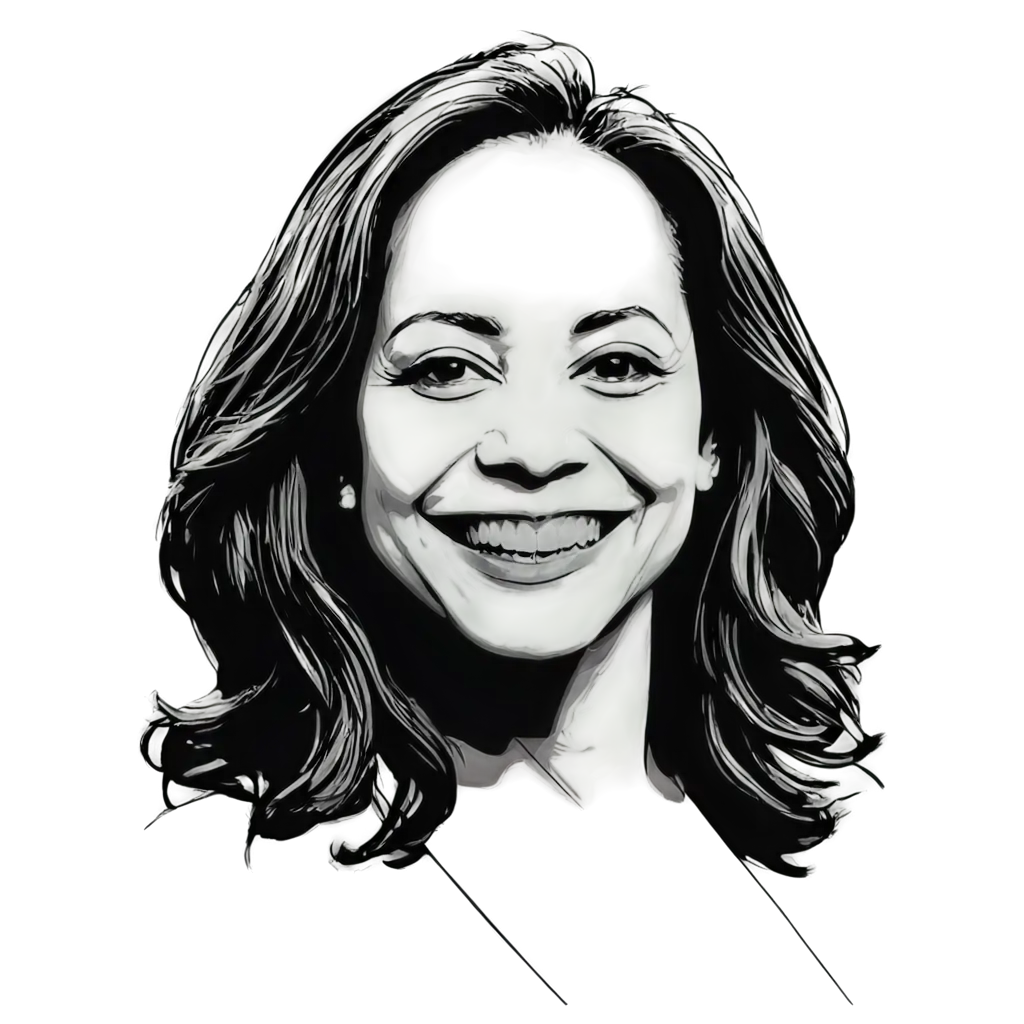 stylised black and white pen portrait of smiling kamala harris headshot