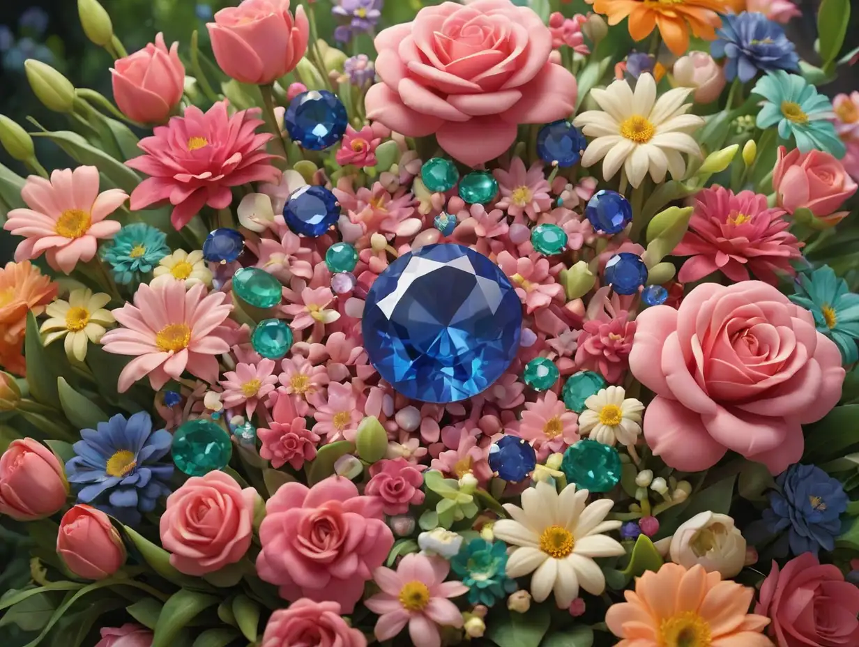 Wide-angle image of a pink gemstone, a blue sapphire, and a green emerald placed on beautiful flowers, surrounded by a variety of colorful blooms, 3d disney inspire