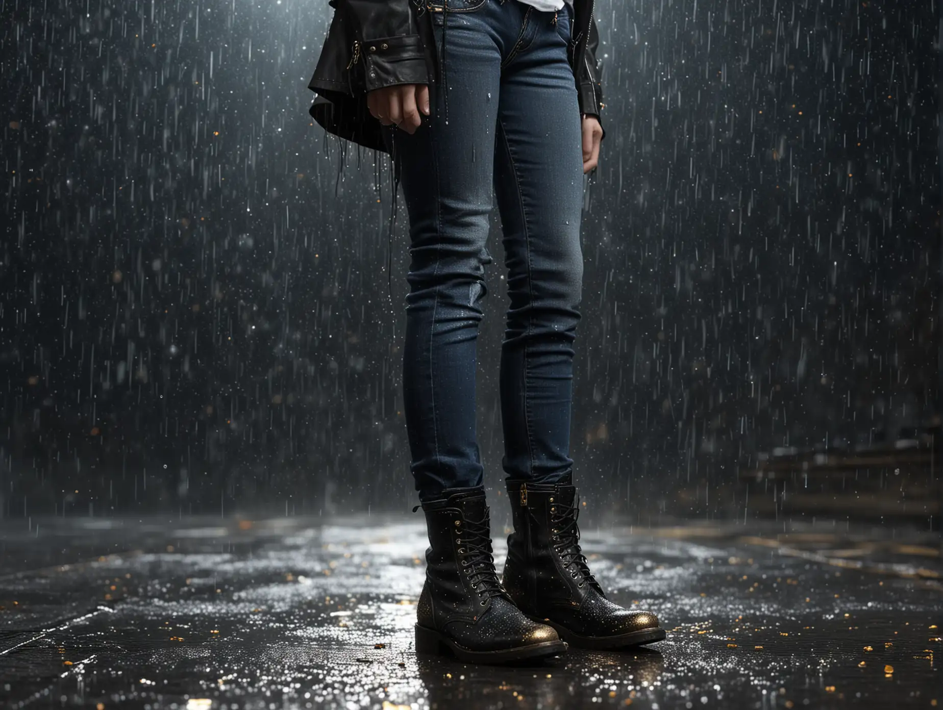 Person-with-Long-Black-Hair-in-a-Black-Jacket-and-Blue-Jeans-Surrounded-by-Golden-Sparkling-Rain