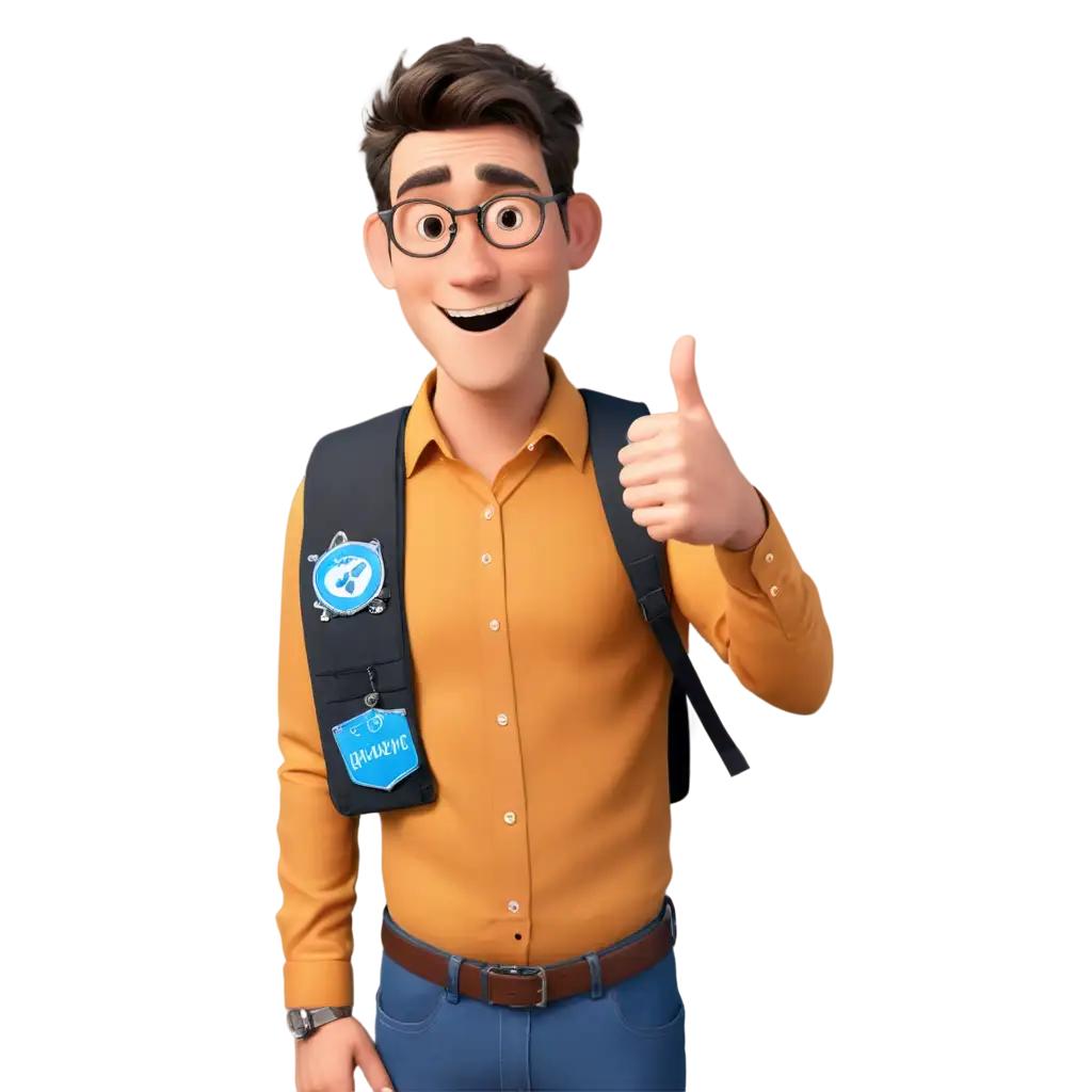 Pixar-Style-Cartoon-Character-Giving-Thumbs-Up-with-Badge-on-Office-Shirt-PNG-Image