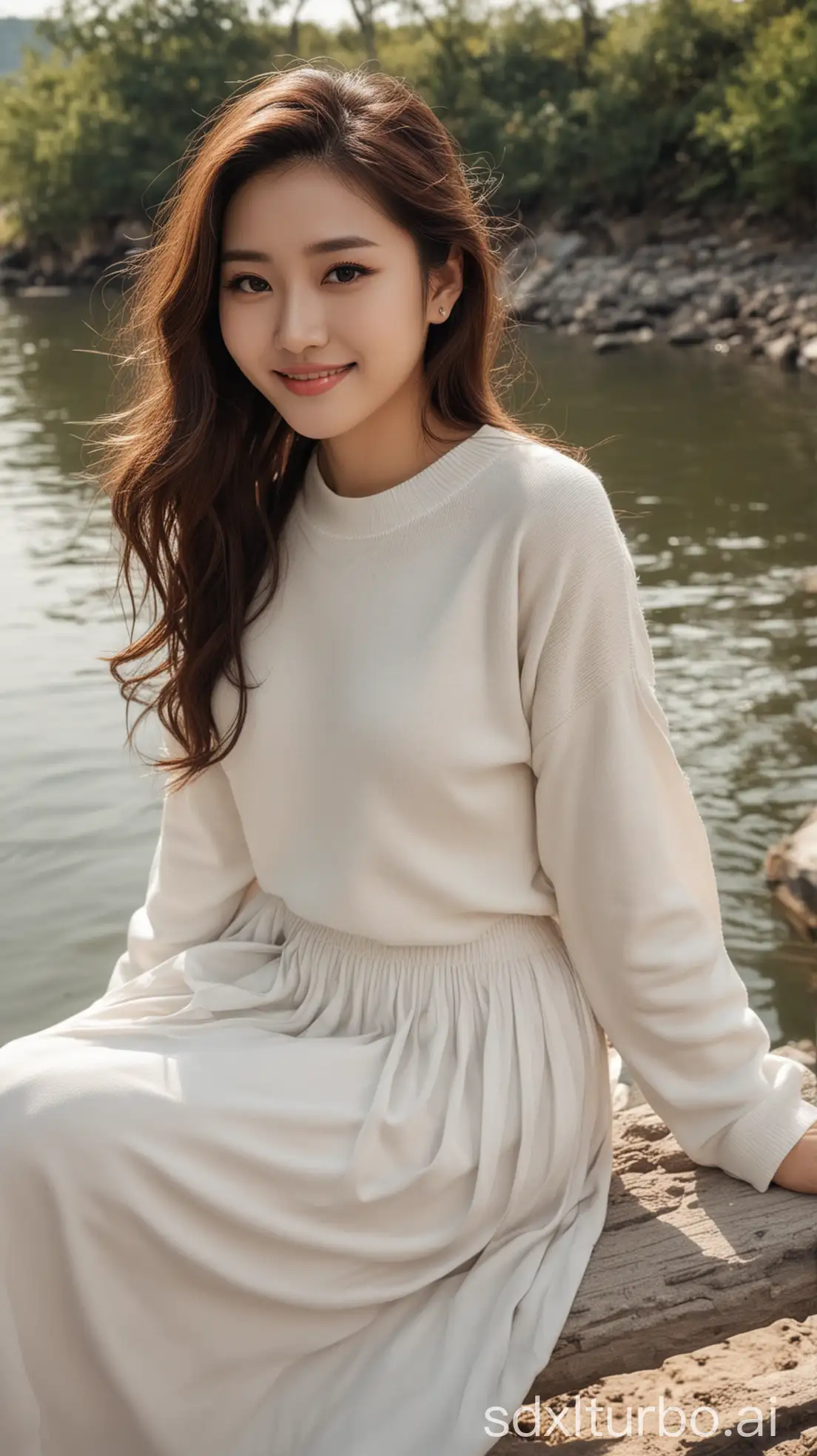 Chinese-Woman-with-Wavy-Hair-and-Sweet-Smile-Sitting-by-the-River-in-White-Sweater-and-Long-Skirt