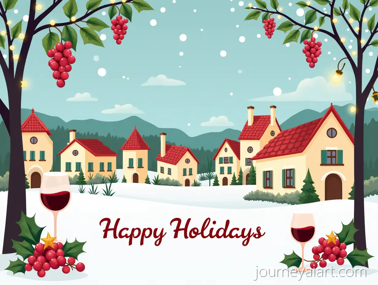 Festive-Christmas-and-New-Year-Greeting-Card-Featuring-a-Winter-Touraine-Village-with-Vineyards-and-Wine