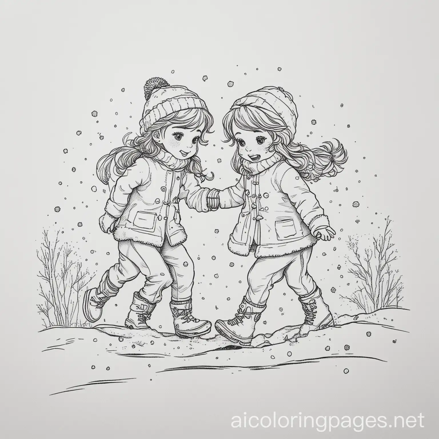 two girls playing in the snow, Coloring Page, black and white, line art, white background, Simplicity, Ample White Space