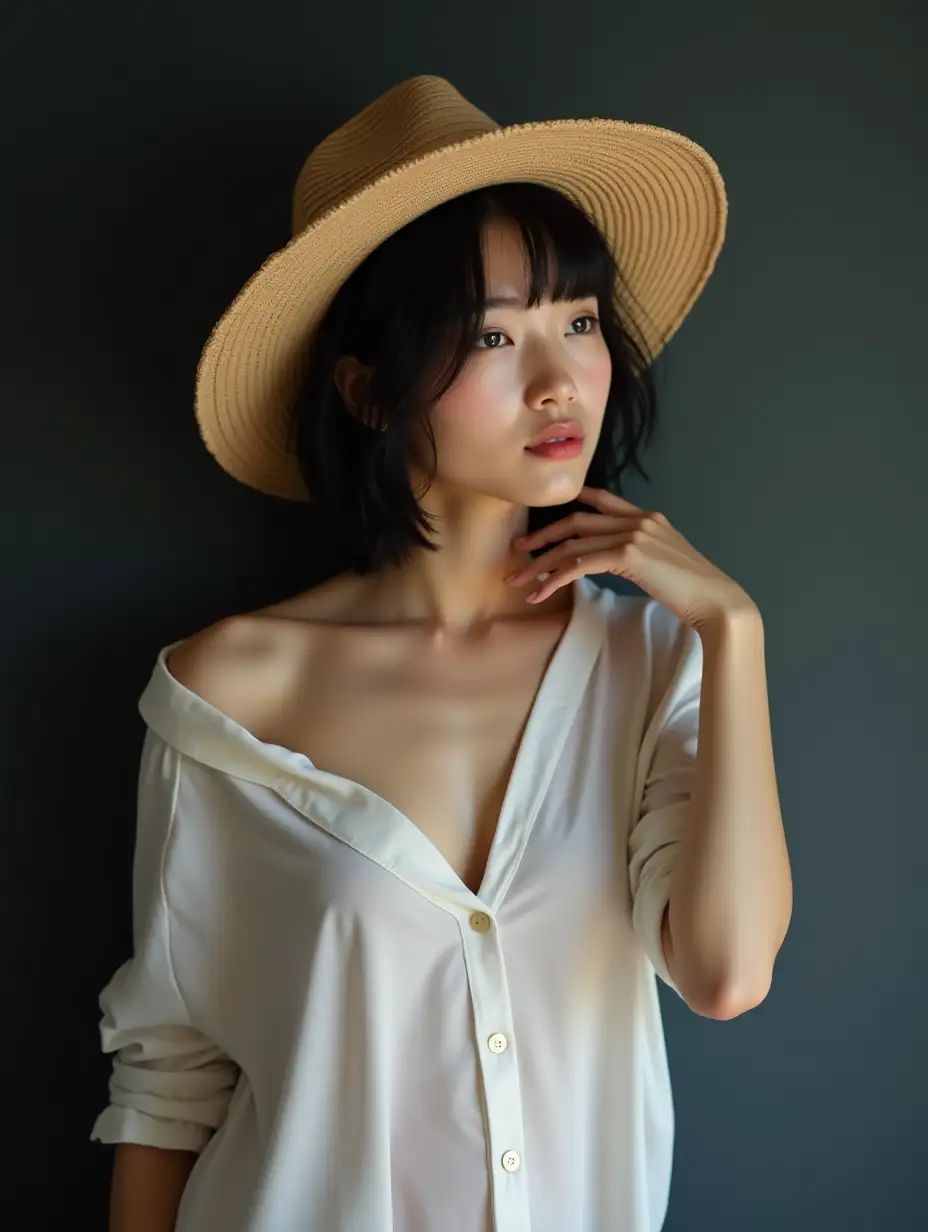 Young-Asian-Female-Supermodel-in-White-Blouse-and-Straw-Hat