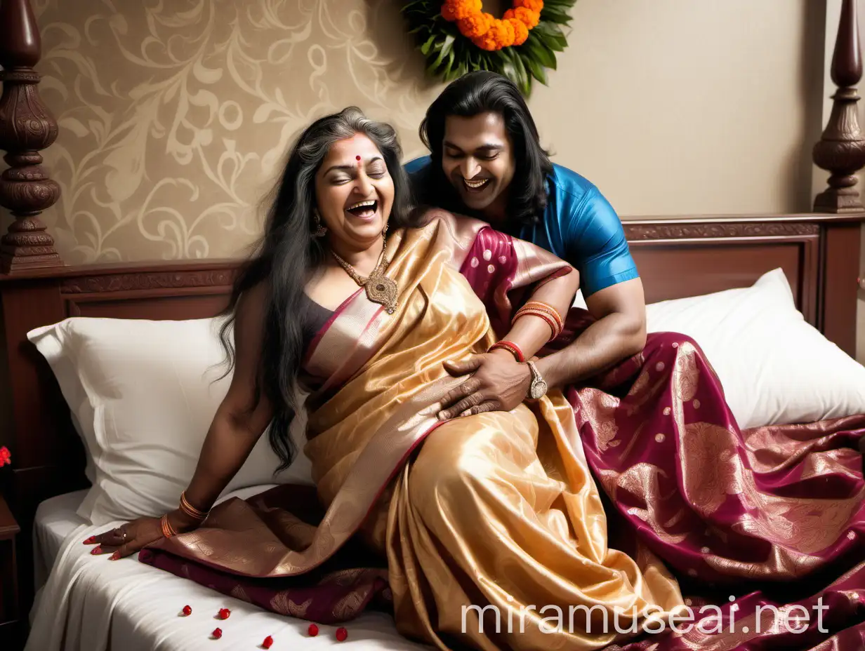 Joyful Indian Woman in Glossy Saree with Sleeping Partner in Luxurious Bedroom