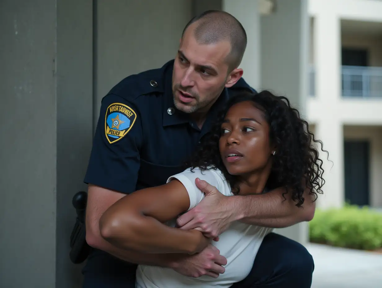 A stern-looking white male police officer in a dark blue uniform with a badge is arresting a young black woman in an outdoor urban setting. The officer is firmly holding the woman against a concrete pillar, gripping her neck and arm as he restrains her. The woman, wearing a white top, looks away with a tense expression, her hands positioned defensively. The background shows a modern building with balconies and open corridors. The lighting is natural, giving a realistic and dramatic feel to the moment.